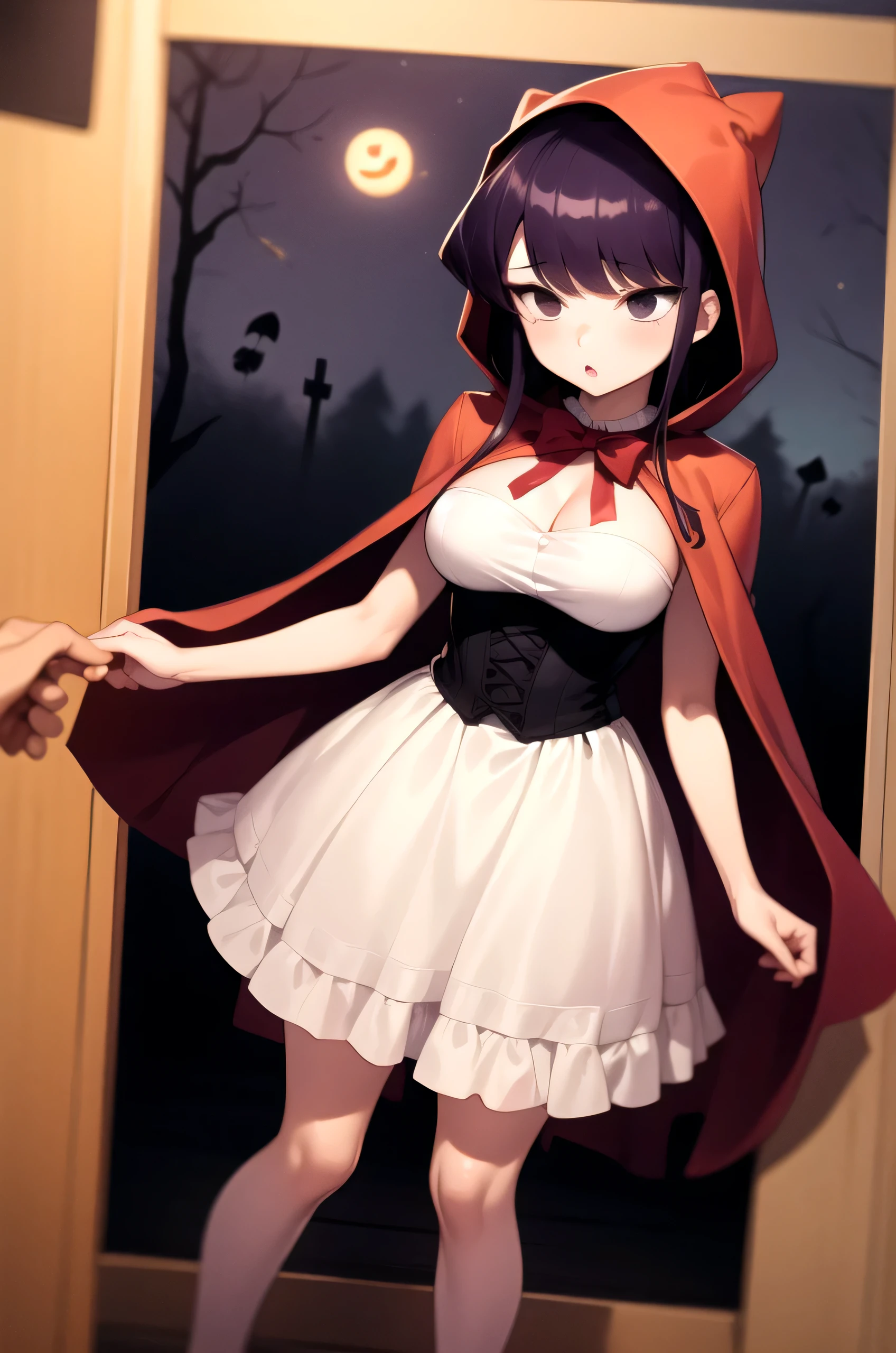 1girl, Komi Shouko, dark purple hair, large breasts, little red riding hood, frilled dress, forest, halloween, jack-o'-lantern, night, holding, candy, clenched hands,, masterpiece, best quality, highly detailed