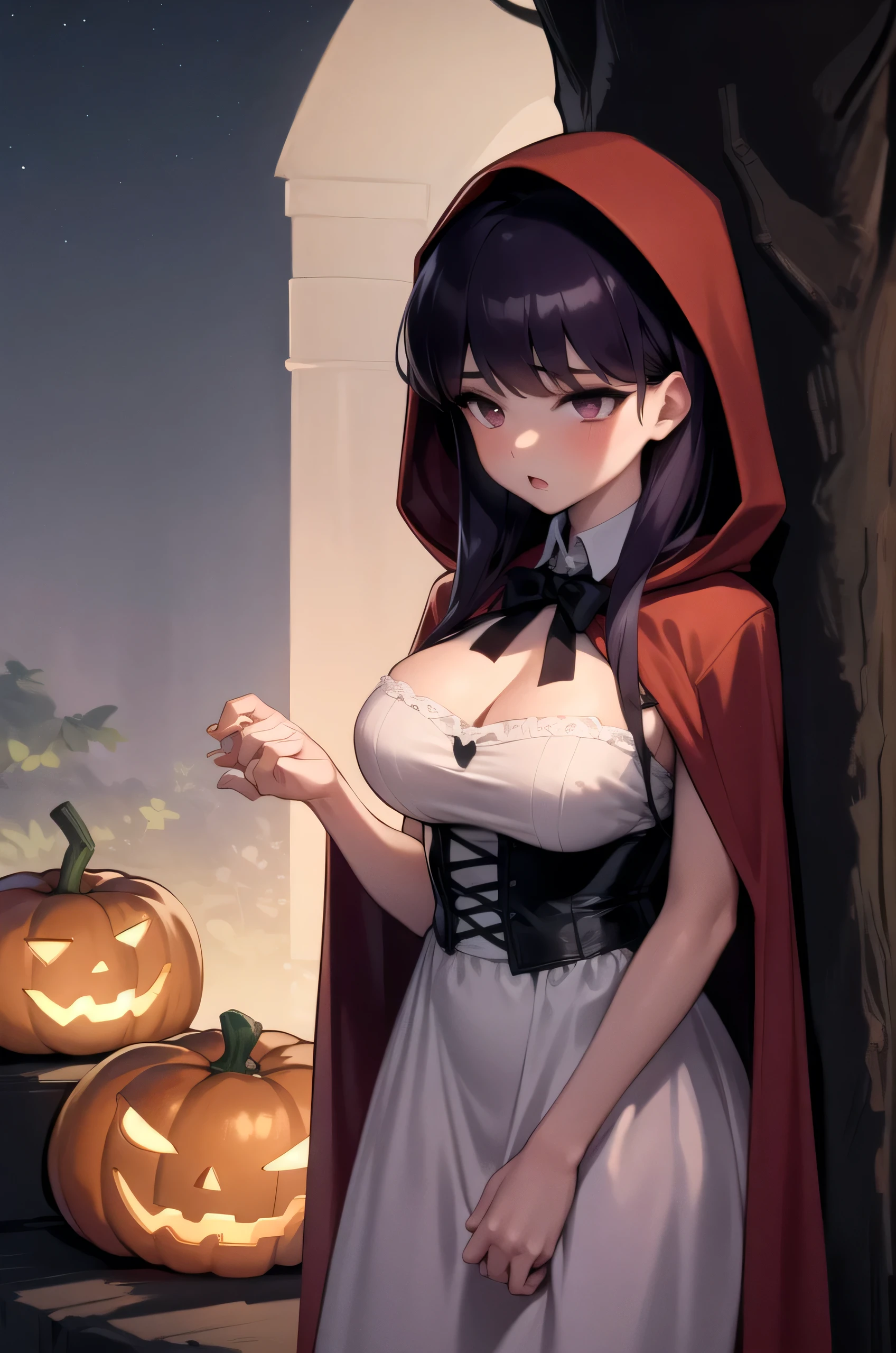 1girl, Komi Shouko, dark purple hair, large breasts, little red riding hood, frilled dress, forest, halloween, jack-o'-lantern, night, holding, candy, clenched hands,, masterpiece, best quality, highly detailed, (night scene:1.3)