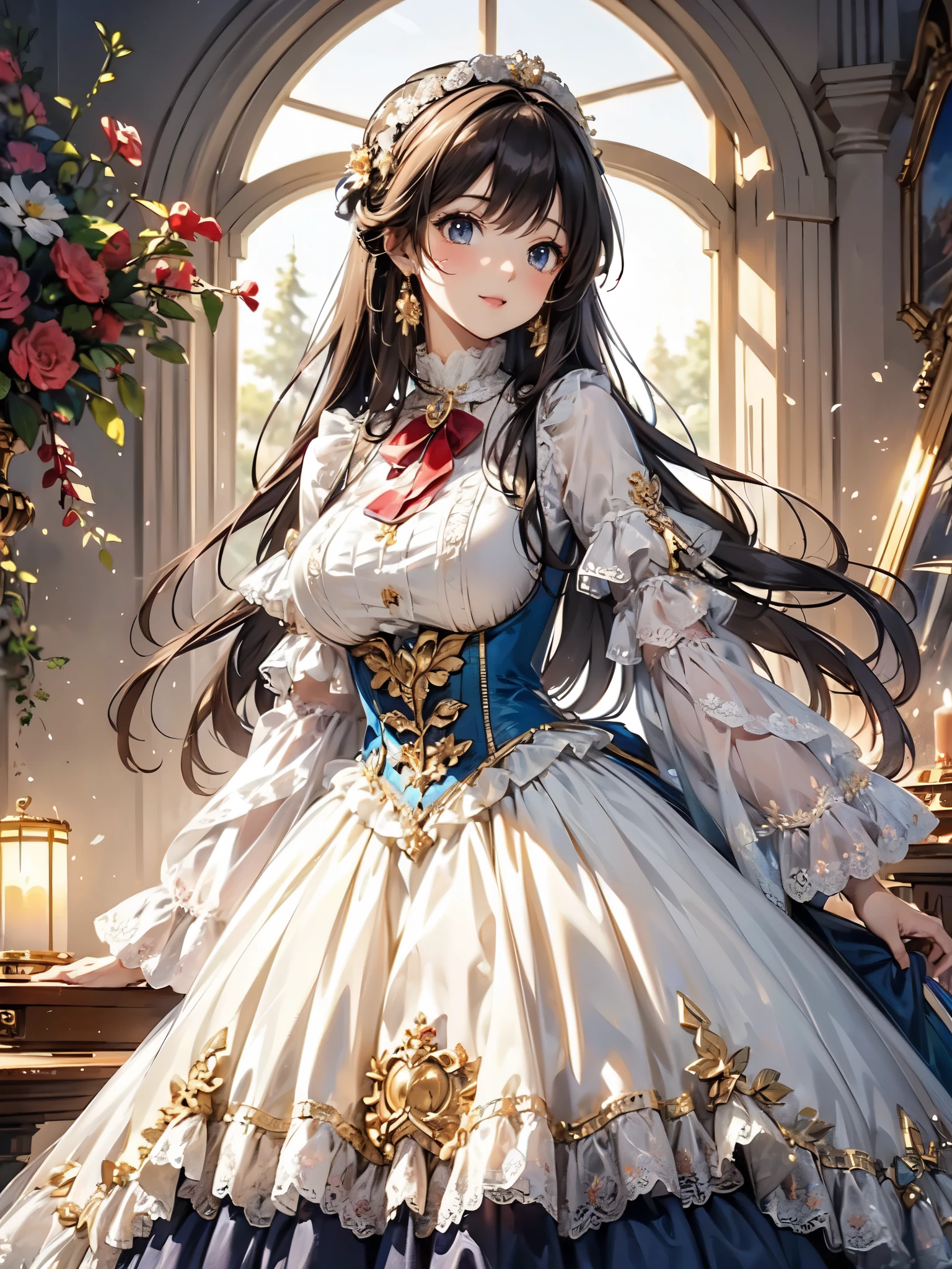 ((( very gorgeous and beautiful dress 、 is a rococo Victorian gown with a hoop skirt and long hem))), (Solo Female :1.2:Big Breasts:1.2), (Expressive hair:1.1: very voluminous and very long hair :1.1), bangs, ( cowboy shot :1.1), (Super delicate face:1.3:masterpiece:1.3:Super detailed:1.3: Extremely delicate and beautiful :1.2:unity 16k wallpaper:1.1), ( moe anime art style :1.1), very big breasts 、Big Breasts、Human butt 、