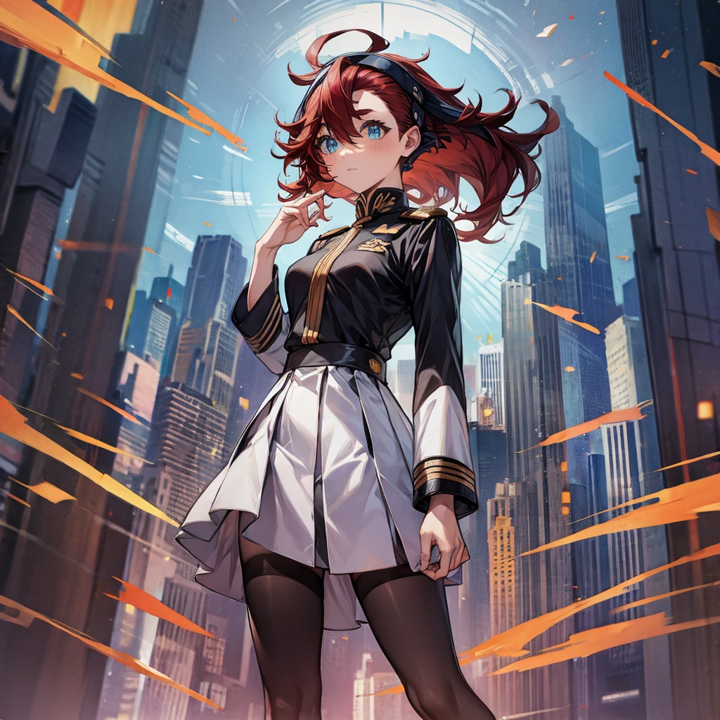 Top quality, full body, sulletamercury, sulleta mercury, ahoge, aqua eyes, black hair band, hair between eyes, hair band, long hair, low ponytail, red hair, swept bangs, thick eyebrows, BREAK asticassia school uniform, jacket, long sleeves, school uniform, white jacket,The background is the city of Hong Kong