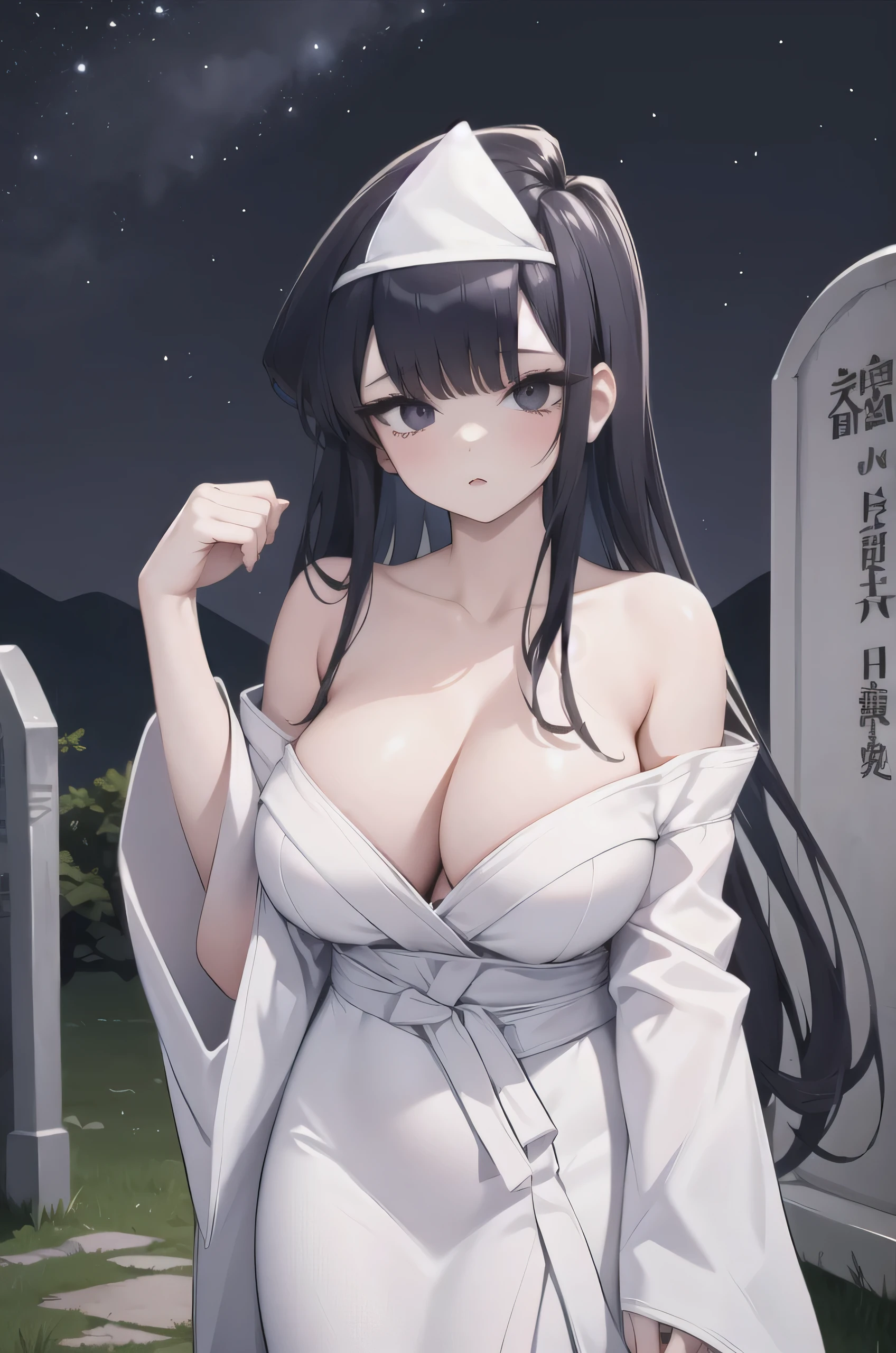 1girl,solo,huge breasts, ghost costume, (hitodama), triangular headpiece, ,night, tombstone, graveyard,,, long sleeves, very long sleeves, , ghost, pale skin,, off shoulder, cleavage, no bra, 