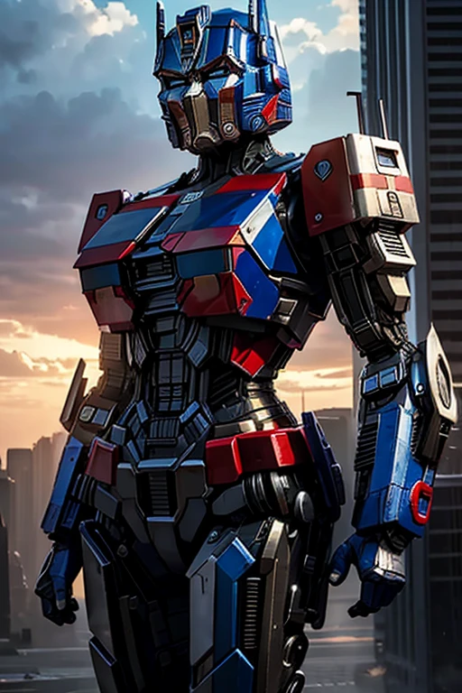  Woman wearing a hyperrealistic Optimus Prime cosplay costume, character from Transformers ,  robotic body Transformers .  Optimus Prime reimagined into a human woman  