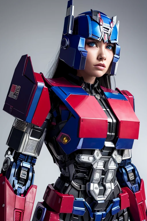  Woman wearing a hyperrealistic Optimus Prime cosplay costume, character from Transformers ,  robotic body Transformers .  Optimus Prime reimagined into a human woman. Most beautiful face