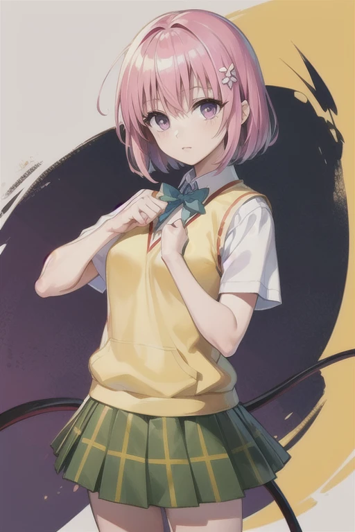 Momo Deviluke, Hair Flowers,  Hair Accessory,  purple eyes、 Pink Hair, short hair, Tail,demon Tail, sainan high school uniform,  white shirt , Sweater vest, (Yellow vest:1.1), Short sleeve,  plaid skirt,  green skirt, Short sleeve, best quality ,