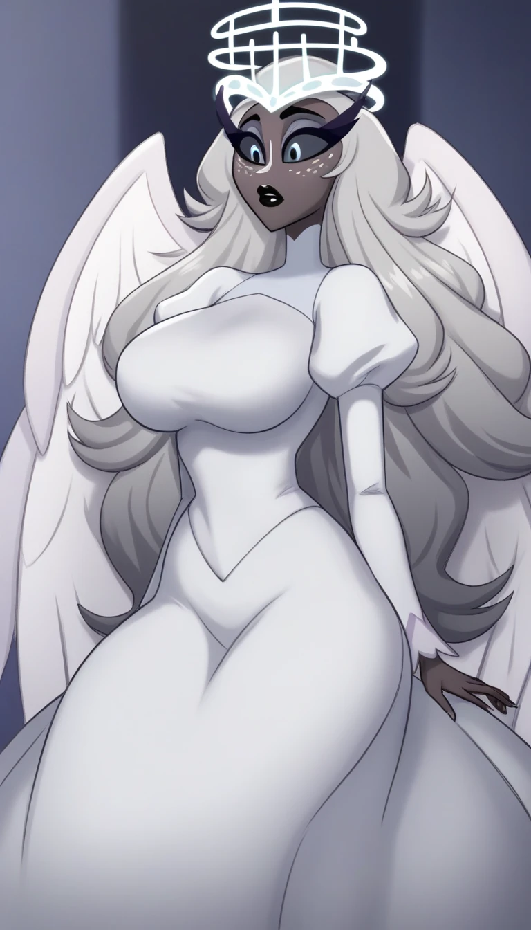 , Dark Skin Tone,  Colored Skin , White Nose,  white freckle face ,  long eyelashes, compensate, Black Lips, grey sclera ,  colored sclera , black pupils, Gray Hair, Long Hair, halo, glowing halo,  angel wings, Large Breasts, Big Ass, puff sleeves, White Dress,  Long Sleeve ,  long skirt , (Alone),  in the center standing,  watching viewers , indoor