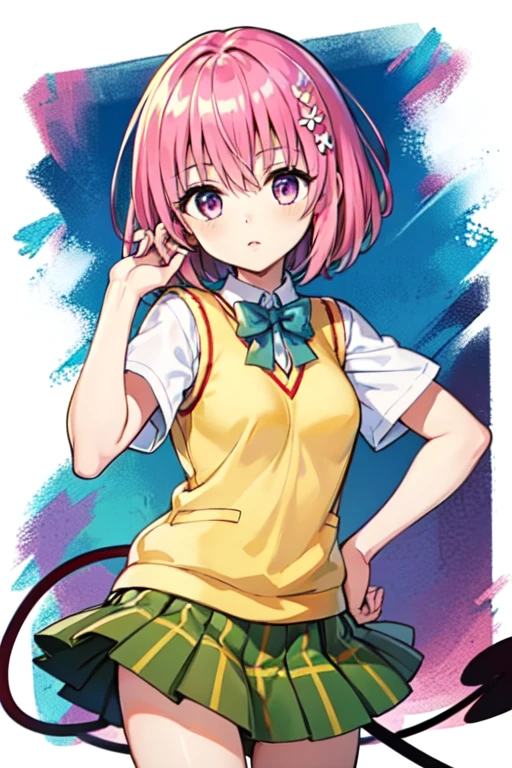 Momo Deviluke, Hair Flowers,  Hair Accessory,  purple eyes、 Pink Hair, short hair, Tail,demon Tail, sainan high school uniform,  white shirt , Sweater vest, (Yellow vest:1.1), Short sleeve,  plaid skirt,  green skirt, Short sleeve, best quality ,