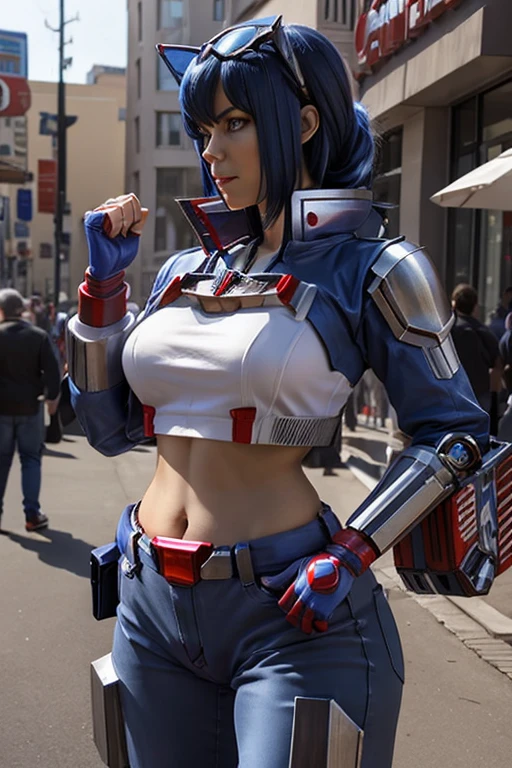  Woman wearing a hyperrealistic Optimus Prime cosplay costume, character from Transformers ,  robotic body Transformers .  Optimus Prime reimagined into a human woman  