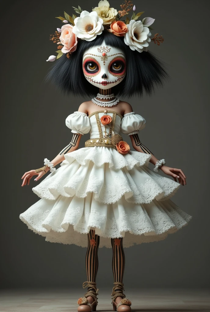 一个穿着白色的华丽的裙子的洋baby,Day of the Dead Costumes and Makeup , Art dolls, ，Crooked head ， ballet moves ， 3D rendering of Russell Dongjun Lu,  polycount 竞赛获胜者 , Gothic art, baby, baby朋克,  Rendering of cute 3D anime girls, The octave renders , , Change, Interesting character design, Anime style 3d, Art dolls