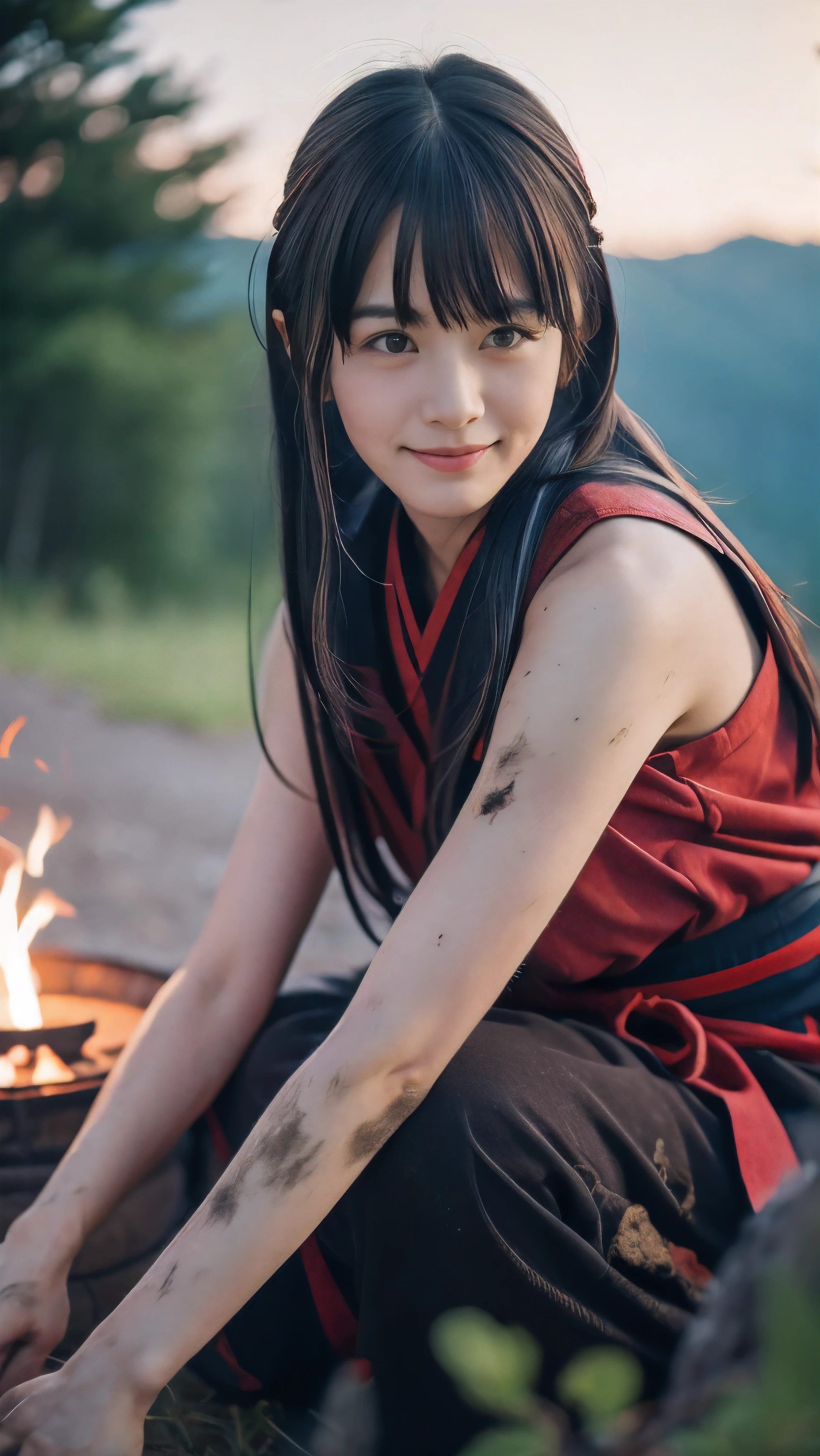 (Close up portrait of one slender small breast dark silver long hair with swept bangs girl in a silver colored dirty armor warrior as samurai in Japan :1.5)、(One girl take a rest near the bonfire on the wilderness land in old Japan with dirty little smile:1.5)、(Dark midnight:1.5)、(blurred background:1.5)、(Natural light:1.5)、(8k ultra detailed master piece:1.5)、(perfect anatomy:1.5)、(Photorealistic stick:1.5)、(Raw photo:1.3)、(highest quality:1.5)、(High resolution:1.3)、(Delicate and beautiful perfect face:1.3)、(Delicate and beautiful eye air skin:1.3)、(Real Human Skin:1.3)、((thin legs))