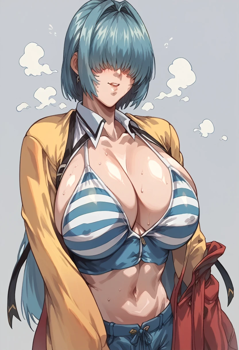  Eyes Girl， perfect body ,Heat stroke、nausea， 、hair over eyes， get dressed， Light Blue and White Striped Bikinis，Big Breasts， Super large breasts 