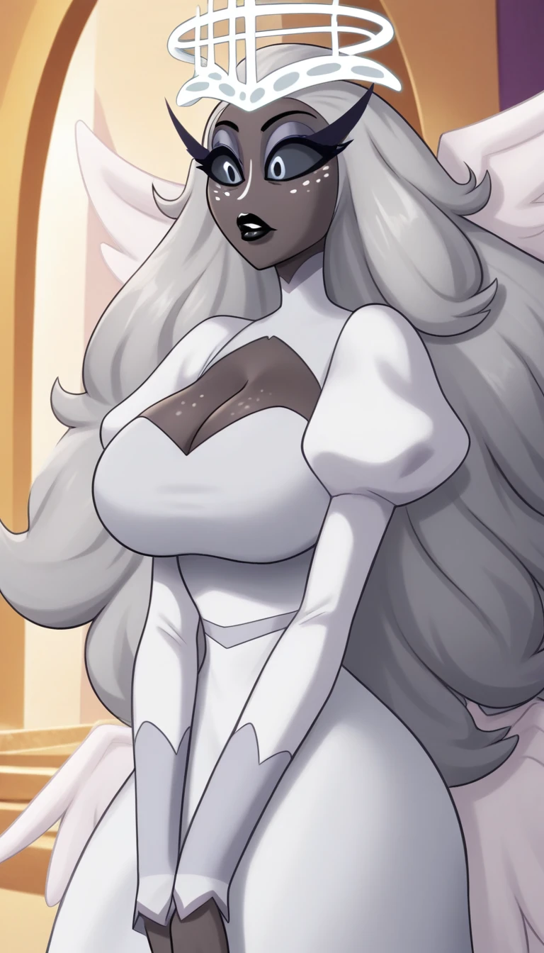 , Dark Skin Tone,  Colored Skin , White Nose,  white freckle face ,  long eyelashes, compensate, Black Lips, grey sclera ,  colored sclera , black pupils, Gray Hair, Long Hair, halo, glowing halo,  angel wings, Large Breasts, cleavage, Big Ass, puff sleeves, White Dress,  Long Sleeve ,  long skirt , (Alone),  in the center standing,  watching viewers , indoor