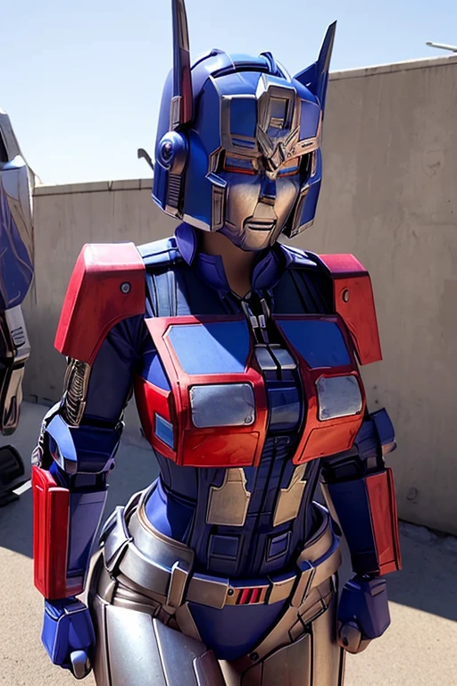  Woman wearing a hyperrealistic Optimus Prime cosplay costume, character from Transformers ,  robotic body Transformers .  Optimus Prime reimagined into a human woman. Most beautiful face. Transformers: The Last Knight (woman: Optimus Prime by michael bay) bayverse movies