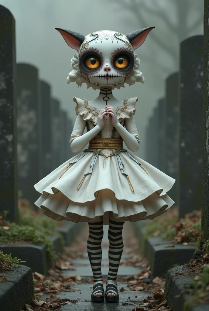 In the graveyard，Tombstone Forest ， ominous atmosphere，一个穿着白色的华丽的裙子的洋baby,Day of the Dead Costumes and Makeup , Art dolls, ，Crooked head ， ballet moves ， 3D rendering of Russell Dongjun Lu,  polycount 竞赛获胜者 , Gothic art, baby, baby朋克,  Rendering of cute 3D anime girls, The octave renders , , Change, Interesting character design, Anime style 3d, Art dolls