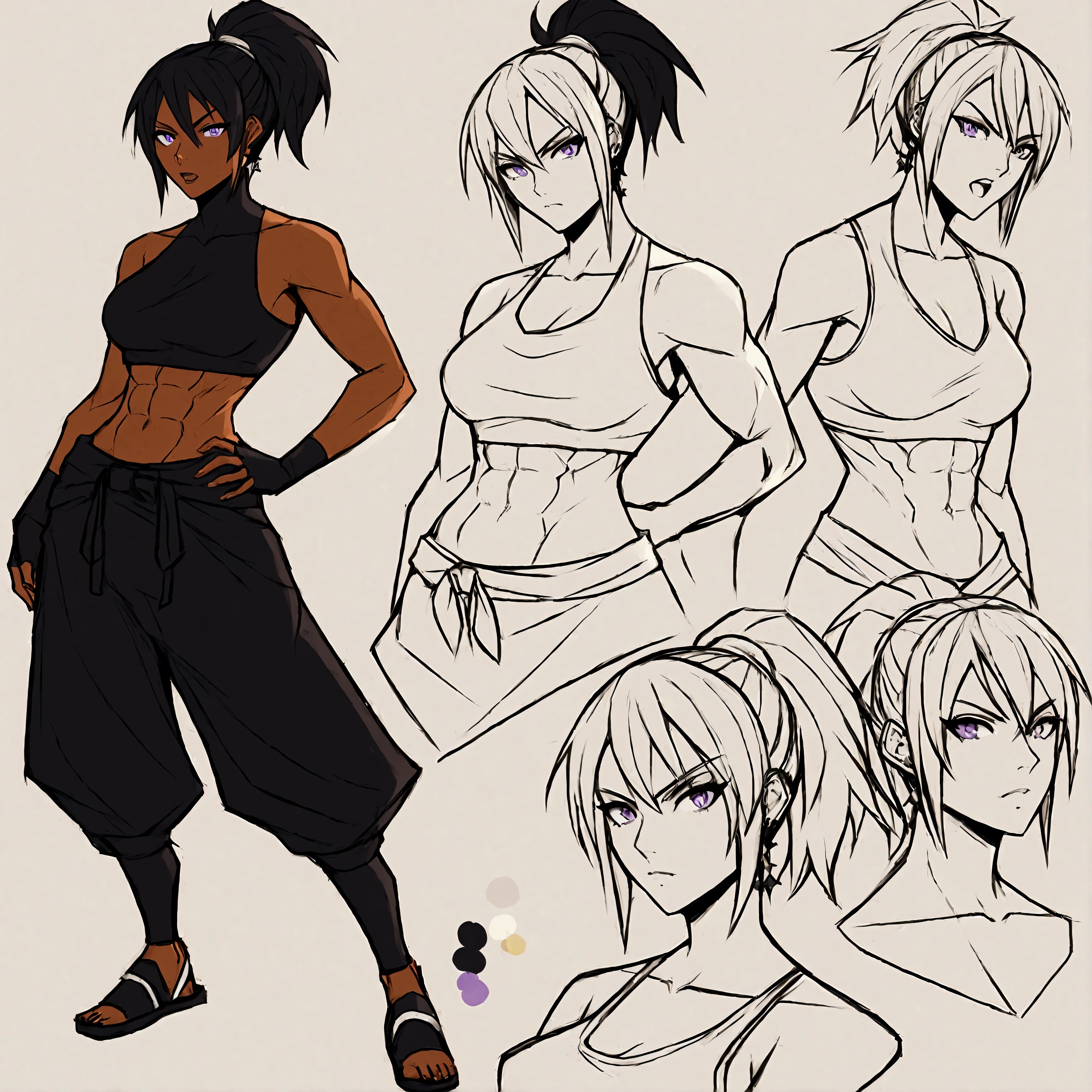 Short tanktop, sexy ninja,(((stylish Dynamic pose))),((Open mouth expression)) , ((masterpiece)),(((highest quality))),((((sketch)))),((Monochrome)),(Character design sheet), same characters, front, ~ side, return), figure, 1 girl, hair color, bangs, Short Hair, eye, Environmental change scene, Hairstyle Fax, Pose, woman, Shirt Chansey, star, Shartan Betalora, (simple return ground, white return ground: 1.3), --6 Ninja dark skinned Woman, girl, 20 years old, girl, toned, anime style, 4k image, full body, white background, modern appearance. Character design scheme, all the details have been worked out, front view, back view, detailed face, character design scheme, whole body, many details,, very detailed, deep, elaborated facial expression Appearance: She is a dark-skinned girl with a toned build and a confident expression. Her face has a strong, determined look, with prominent purple eyes and a slightly serious demeanor. Her hairstyle is a high ponytail with vibrant green accents, giving her a dynamic and youthful vibe. Outfit: She wears a modern, athletic ninja-like outfit, consisting of a black sleeveless crop top and black pants. The pants feature bold purple and neon green accents, including a purple waistband and green designs on the sides. She also has fingerless gloves, enhancing her combat-ready appearance. Footwear: Her sneakers are futuristic and stylish, with bright green and purple details that match the rest of her outfit, adding an extra flair to her athletic look. Overall: The character exudes a blend of agility and strength, with a distinct futuristic ninja aesthetic, combining sleek, modern elements with vibrant colors and a confident attitude
