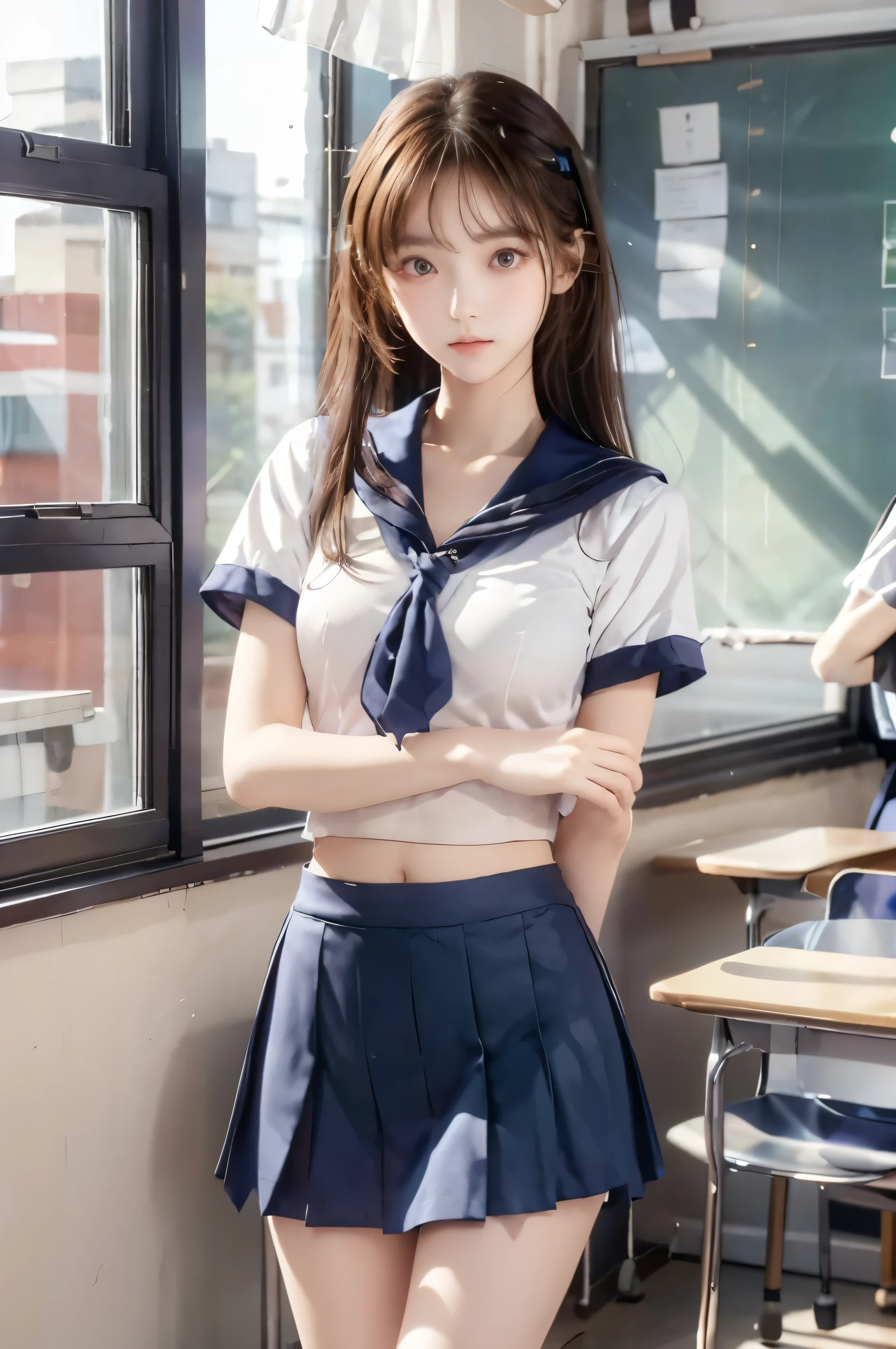 ( super high image quality ), ( is looking over here), (Short-sleeved sailor uniform,  Navy Blue Miniskirt ), Big Breasts, Super beautiful breasts,  slender, (Thin legs:1.2), (Thin thighs:1.2), (Thin Hips:1.4), (Beautiful Skin,  Shiny Skin ,  white skin), (Super slim face, Super beautiful face, No makeup, Smile:0.6), ( light brown hair,  semi-long, Layered Cut,  message window ), (Big eyes:1.3, High corners of the eyes:1.6, double eyelid), (Thin eyebrows:0.1), (Small Nose:0.6), (Thin lips:0.6), Beautiful Hands, Empty-handed,  in the center standing, School classroom