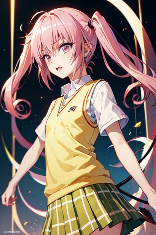 Nana Asta Deviluke, girl、一人の girl、tooth, Long Hair, Pink Eyes, Pink Hair, Tail, demon Tail、twintails,  flat chest,  white shirt , Sweater vest, (Yellow vest:1.1), Short sleeve,  plaid skirt,  green skirt, Short sleeve, best quality ,