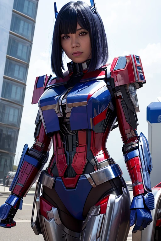  Woman wearing a hyperrealistic Optimus Prime cosplay costume, character from Transformers ,  robotic body Transformers .  Optimus Prime reimagined into a human woman. Most beautiful face. Transformers: The Last Knight (woman: Optimus Prime by michael bay) bayverse movies