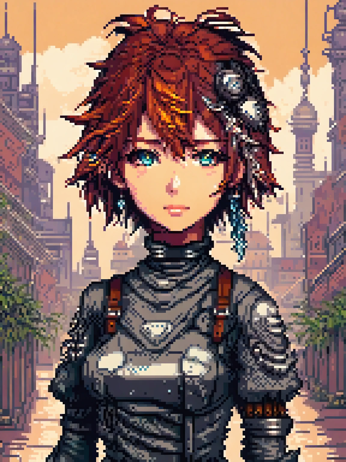 A highly detailed biopunk anime person, androgenous, done in high resolution pixel in the style of final fantasy