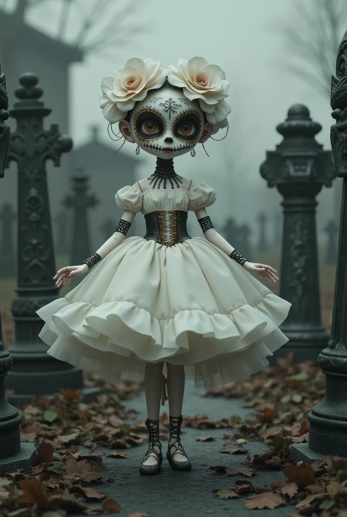 In the graveyard，Tombstone Forest ， ominous atmosphere，A doll in a gorgeous white dress,Day of the Dead Costumes and Makeup , Art dolls, ，Crooked head ，ballet moves， 3D rendering of Russell Dongjun Lu,  polycount 竞赛获胜者 , Gothic art,