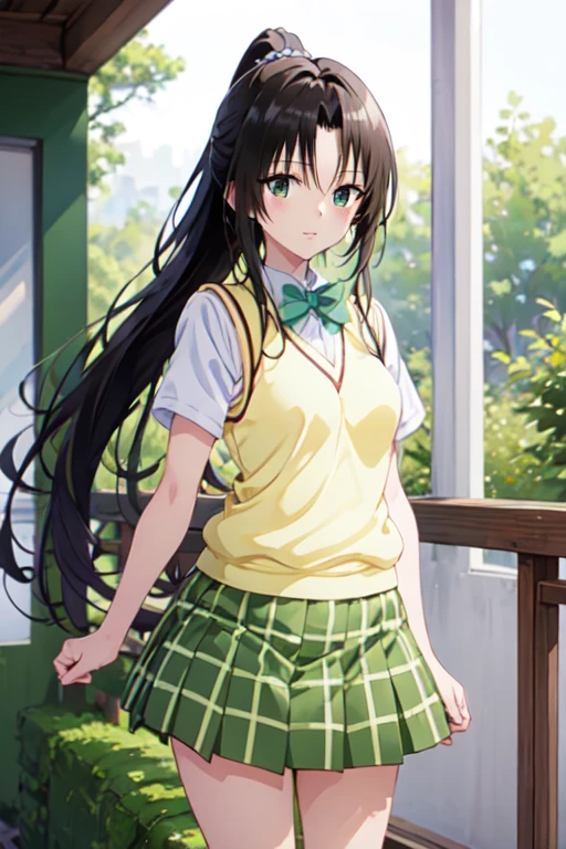 Kujo Rin,girl,Alone,long hair,ponytail, white shirt , Sweater vest, (Yellow vest:1.1), Short sleeve,  plaid skirt,  green skirt, Short sleeve, best quality ,