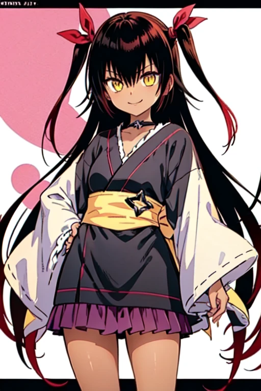 nemesis,best quality, long hair, black hair, two side up, hair ribbon, tan,. dark skin, black choker, frills, japanese clothes, obi, purple hakama short skirt, standing,seductive smile