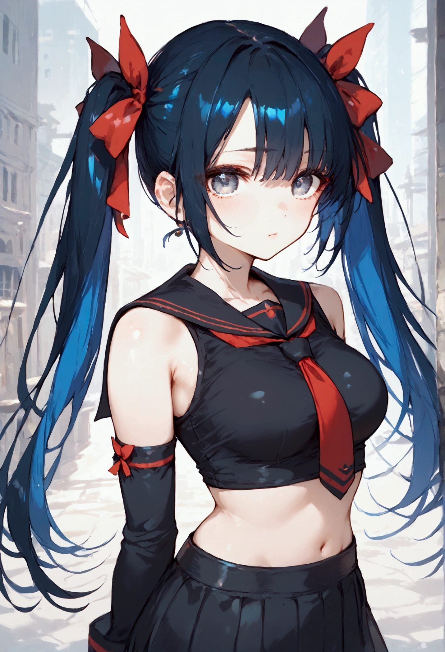 score_9, score_8_up, score_7_up, source_anime, (masterpiece), best quality, expressive eyes, perfect eyes, perfect face, 1girl, long hair, bangs, (((grey eyes))), ((twintails, blue hair ribbon)), soft lips,  wide hips, (black hair:1.2), (black eyebrows:1), (black eyelashes:1), medium breasts:0.5, standing, background: City, hair ornament, sailor collar, red necktie, black shirt, black skirt, detached sleeves, midriff, kouhaku nawa, black thighhighs, 