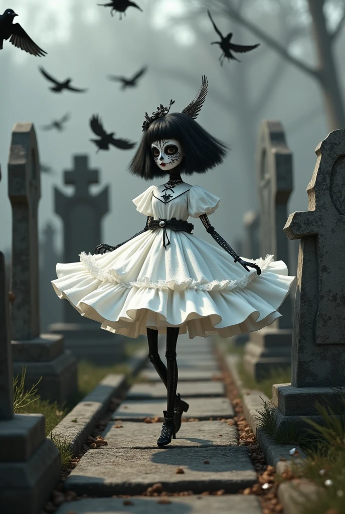 In the graveyard，Tombstone Forest ， ominous atmosphere，A doll in a gorgeous white dress,Day of the Dead Costumes and Makeup , Art dolls, ，Crooked head ， ballet moves ， 3D rendering of Russell Dongjun Lu,  polycount 竞赛获胜者 , Gothic art,Crowds of crows hover in the air