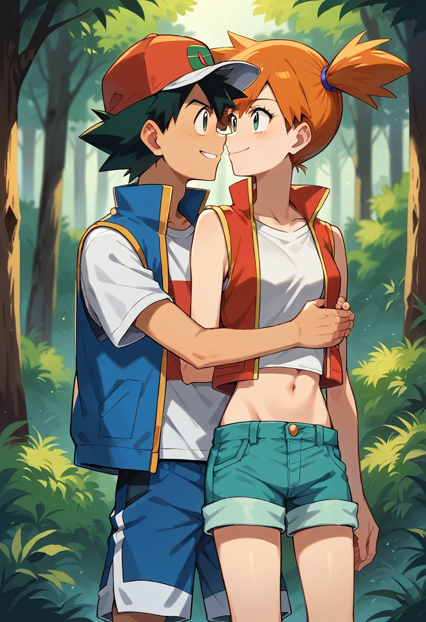 1boy, ash ketchum, black hair, brown eyes, hat, baseball cap, shirt, white shirt, t-shirt, jacket, sleeveless jacket, shorts, blue shorts 1girl, misty pokemon, orange hair, side ponytail, green eyes, white crop top, belly button, blue jeans shorts photograph of a couple, in a forest, they're looking at each other, they're hugging, they're smiling at each other