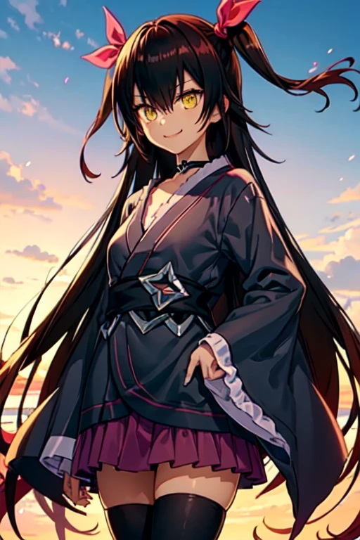 nemesis,best quality, long hair, black hair, two side up, hair ribbon, tan,. dark skin, black choker, frills, japanese clothes, obi, purple hakama short skirt, standing,seductive smile