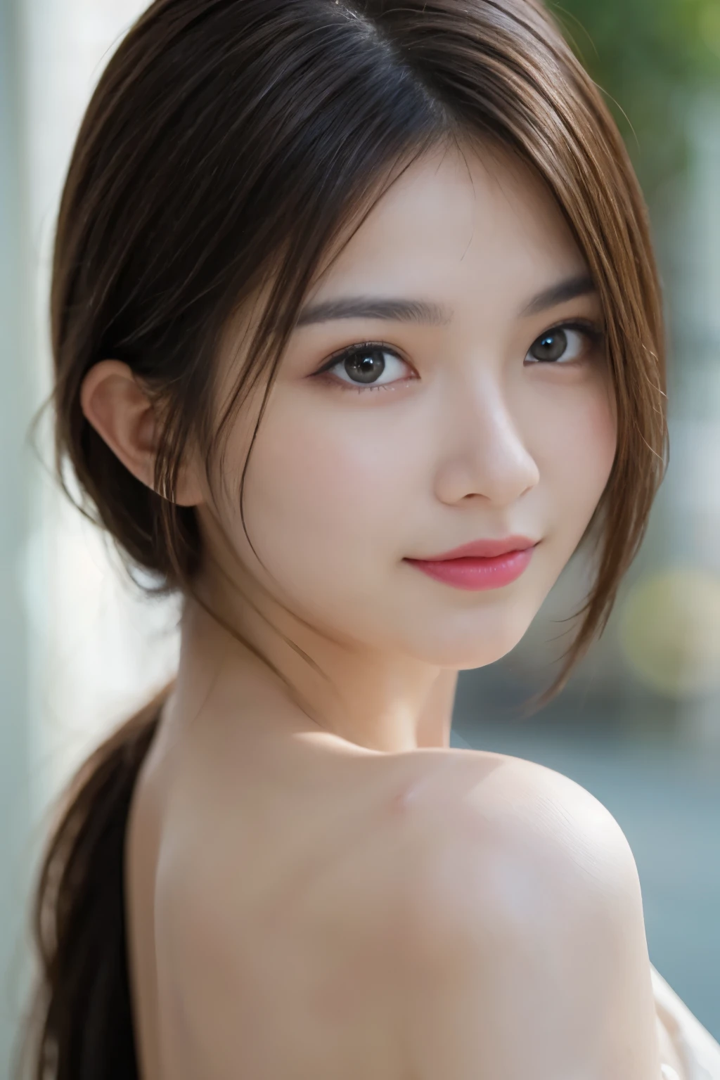 12Ｋ、ＨＤＲ、 Beautiful woman, Light brown hair,  clear focus ,  perfect dynamic composition,  beautiful eye with attention to detail, Detailed Hair,  Realistic Skin Texture , smile,  portrait,  model body type ,ＦValue 1.2、The focus is on the eyes、 depth of field Ｆ1.2， high definition eyes 、