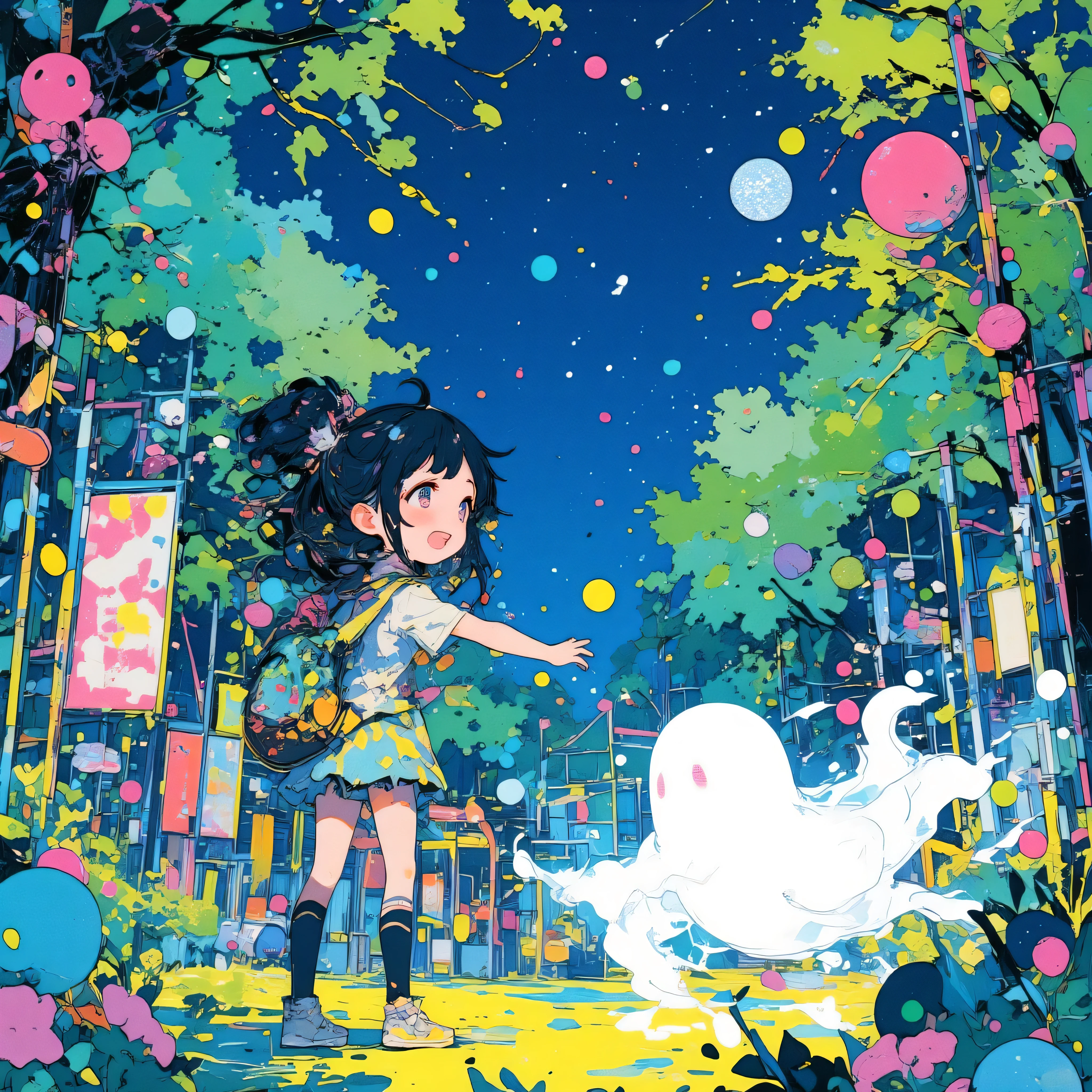 
1girl and 1transparent ghost is playing in the beautiful park with Playground Equipment in the night,chibi,vivid color,high contrast,cute pencil art,thick outline