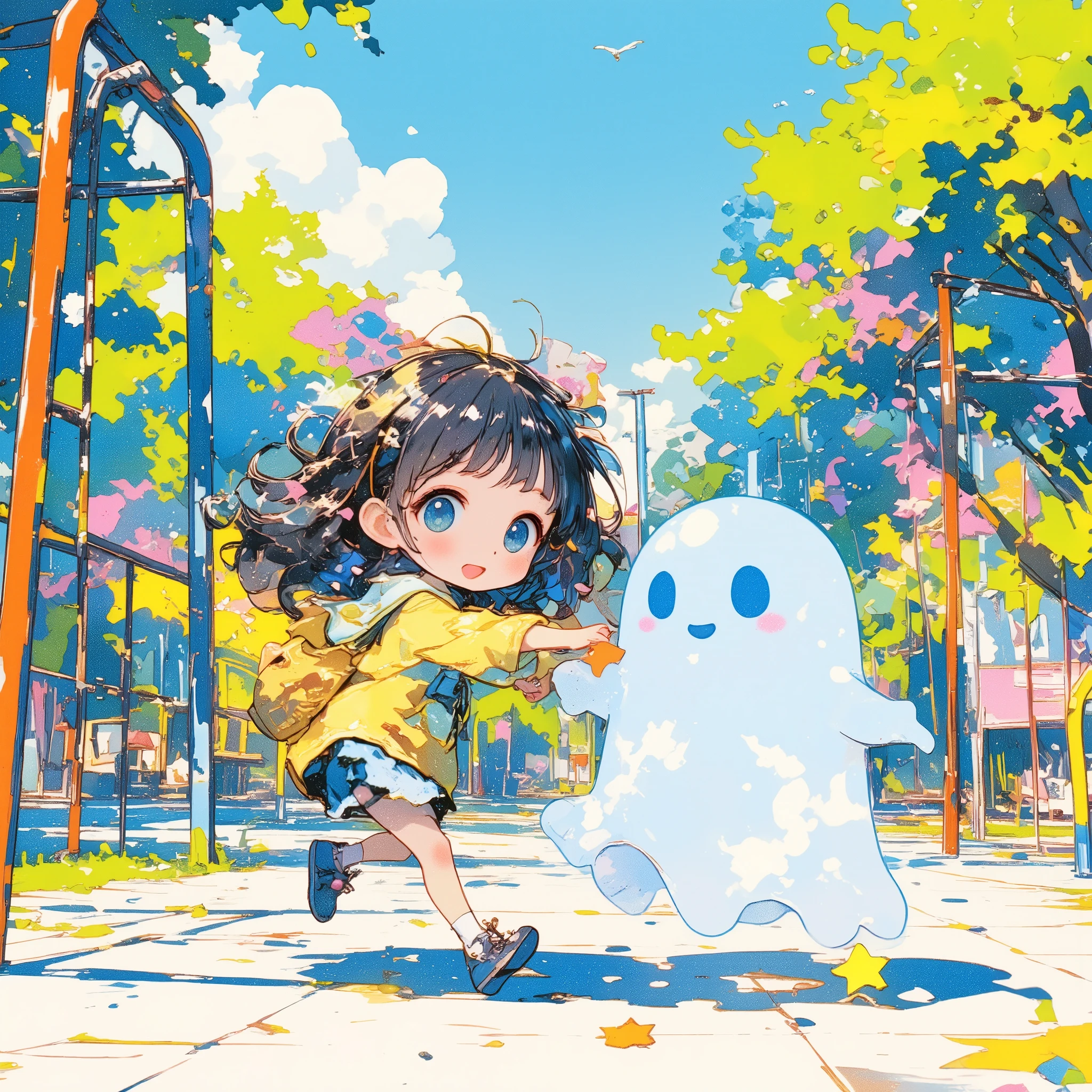 
1girl and 1transparent ghost is playing in the beautiful park with Playground Equipment,chibi,vivid color,high contrast,cute pencil art,thick outline