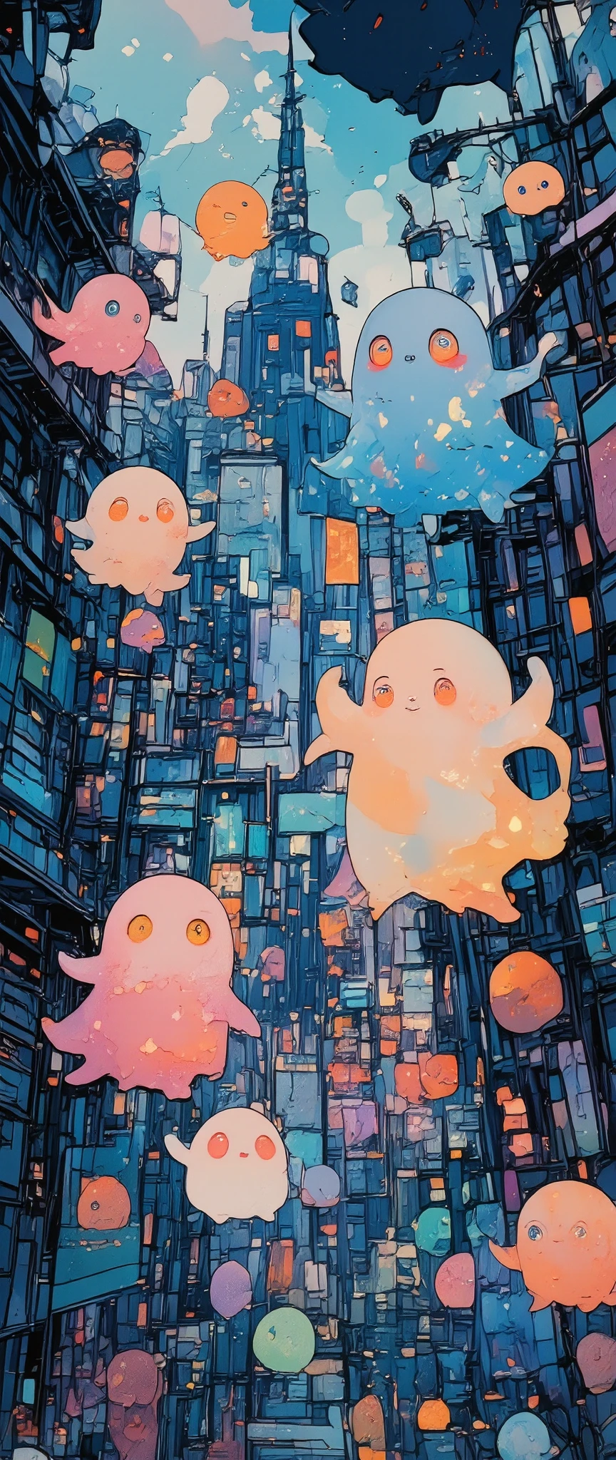 
at very far cute transparent colorful ghosts in the very crowdy noisy city in the night, chibi,vivid color,high contrast,thick outline