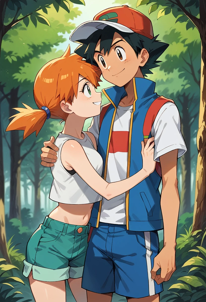 1boy, ash ketchum, black hair, brown eyes, hair between eyes, ash ketchum, t-shirt, jeans, handsome boy, macho, good looking boy 1girl, misty pokemon, green eyes, orange hair, long hair, hair down, crop top, jeans, pretty, beautiful girl photograph of a 1 couple, on a forest, they're showing off their love and affection for each other, they're caressing, intimacy