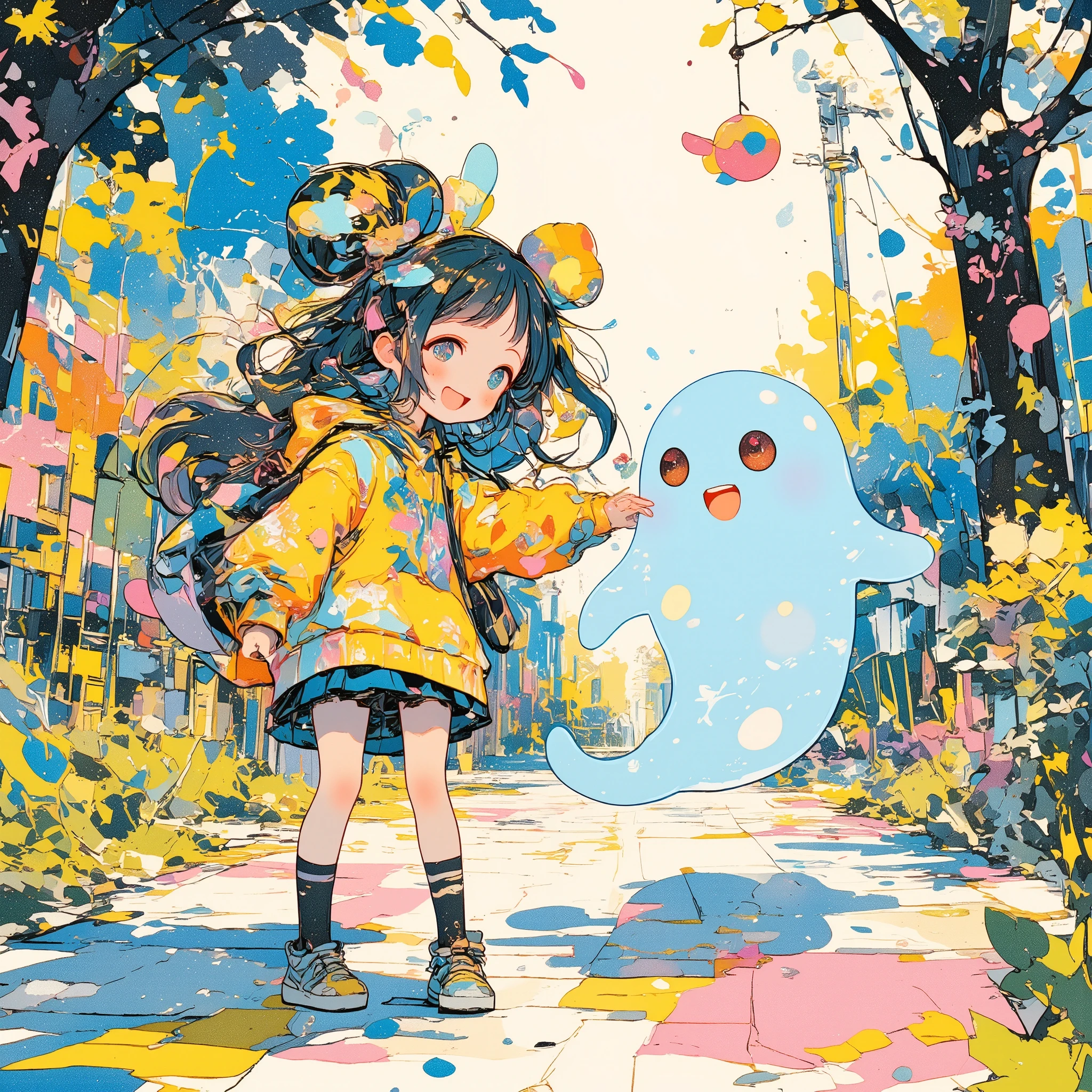 girl and transparent ghost is playing in the park, chibi,vivid color,high contrast,pencil style