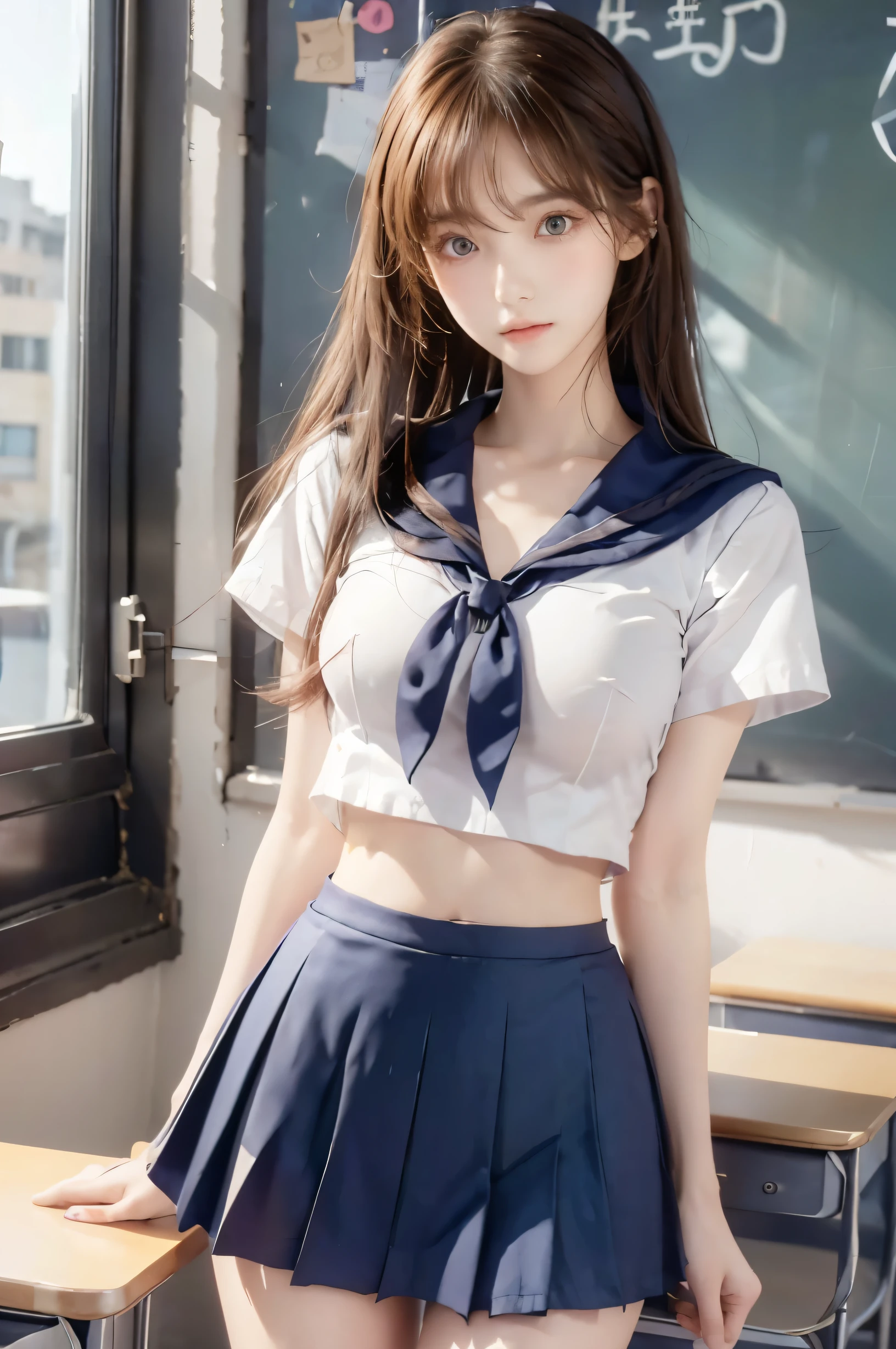 ( super high image quality ), ( is looking over here), (Short-sleeved sailor uniform,  Navy Blue Miniskirt ), Big Breasts, Super beautiful breasts,  slender, (Thin legs:1.2), (Thin thighs:1.2), (Thin Hips:1.4), (Beautiful Skin,  Shiny Skin ,  white skin), (Super slim face, Super beautiful face, No makeup, Smile:0.6), ( light brown hair,  semi-long, Layered Cut,  message window ), (Big eyes:1.3, High corners of the eyes:1.6, double eyelid), (Thin eyebrows:0.1), (Small Nose:0.6), (Thin lips:0.6), Beautiful Hands, Empty-handed,  in the center standing, School classroom