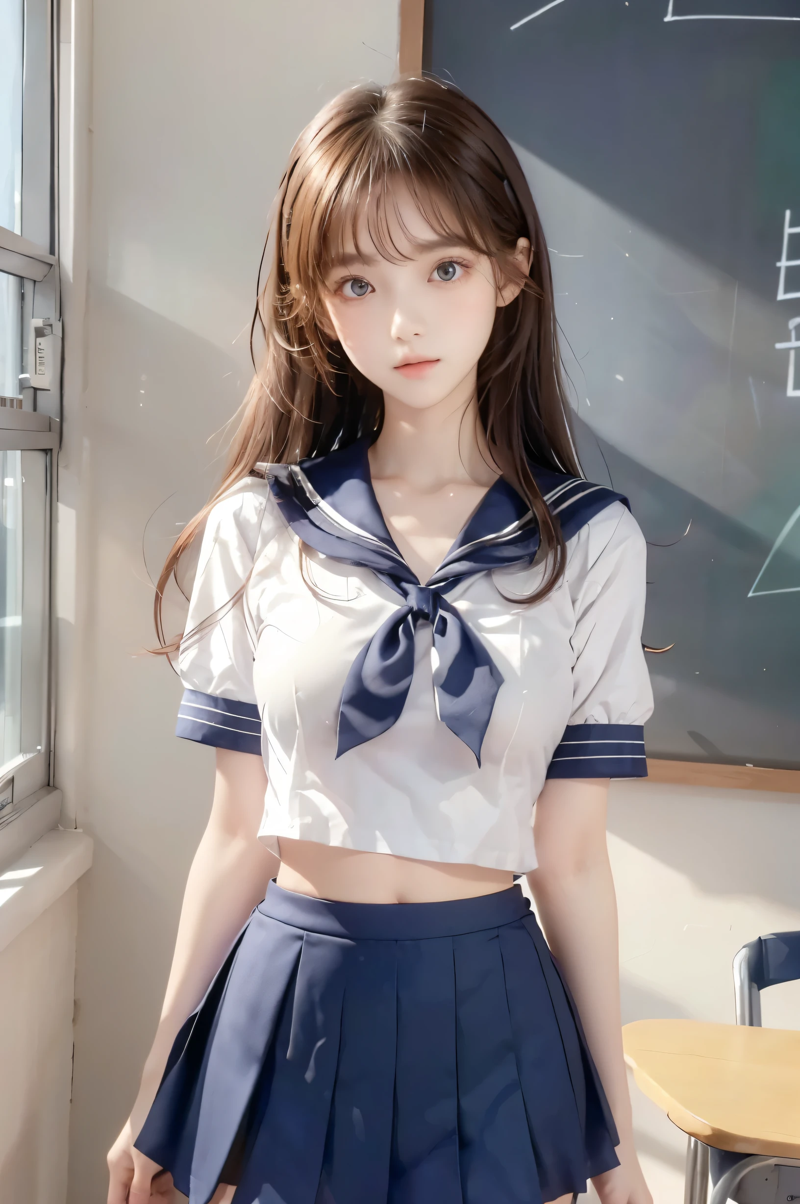 ( super high image quality ), ( is looking over here), (Short-sleeved sailor uniform,  Navy Blue Miniskirt ), Big Breasts, Super beautiful breasts,  slender, (Thin legs:1.2), (Thin thighs:1.2), (Thin Hips:1.4), (Beautiful Skin,  Shiny Skin ,  white skin), (Super slim face, Super beautiful face, No makeup, Smile:0.6), ( light brown hair,  semi-long, Layered Cut,  message window ), (Big eyes:1.3, High corners of the eyes:1.6, double eyelid), (Thin eyebrows:0.1), (Small Nose:0.6), (Thin lips:0.6), Beautiful Hands, Empty-handed,  in the center standing, School classroom