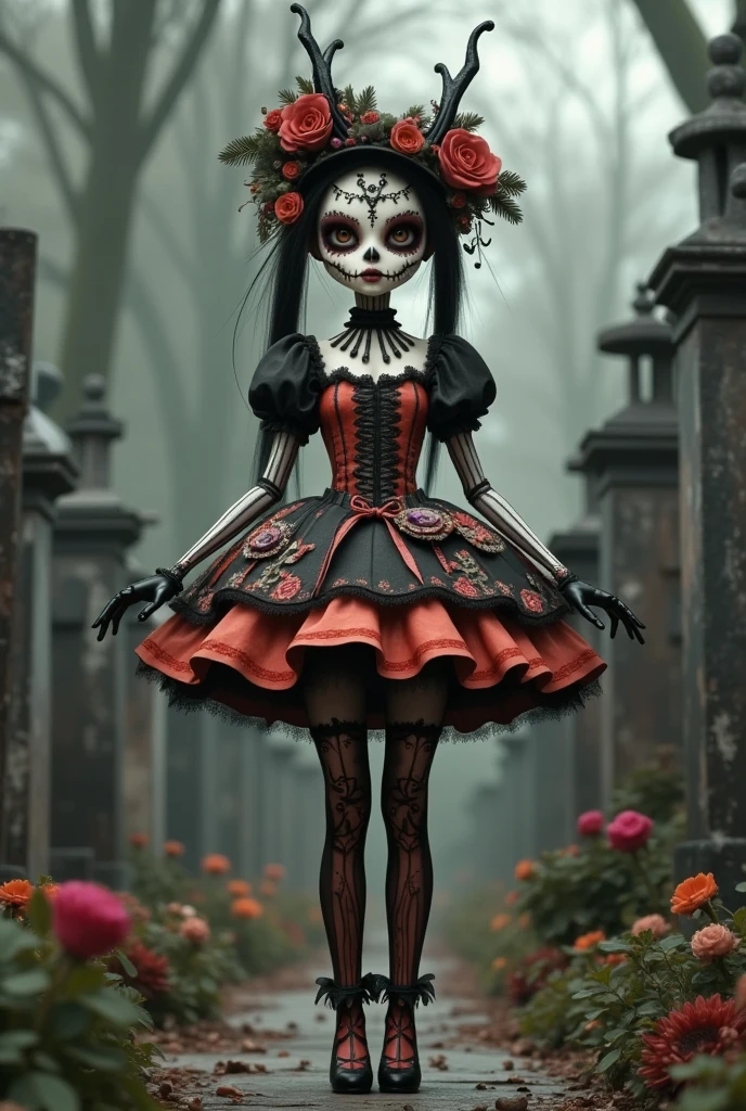 In the graveyard，Tombstone Forest ， ominous atmosphere，A doll in a gorgeous dress,Day of the Dead Costumes and Makeup , Art dolls, ，Crooked head ，ballet moves， 3D rendering of Russell Dongjun Lu,  polycount 竞赛获胜者 , Gothic art,