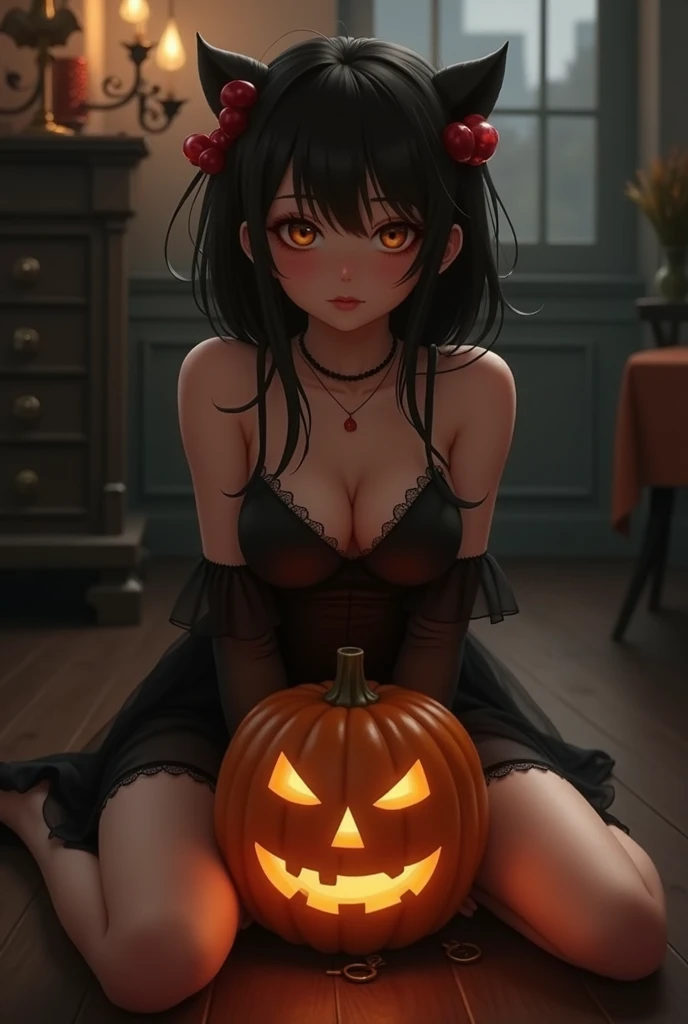 (top-quality、in 8K、32K、​masterpiece、nffsw、超A high resolution、Impresionismo、Photorealsitic:1.2)、Colossal tits、cowboy  shot, detailed faces and eyes、 nightclubs、Fancy lighting、Jack-o'-lanterns are placed、Halloween Costumes、beauitful face、blurry backround、16-year-old beautiful girl、shinny skin、long、Beautiful black hair、Blunt bangs、Blue eyes、(Katyusha:1.2)、Tiger ears、Tiger tail、Small shirt、a miniskirt、Short boots、Curve、Stand on one knee、(I can see panties.:1.2)、Embarrassing face with mouth closed、On all fours、Chained collar、Iron Man in Chains