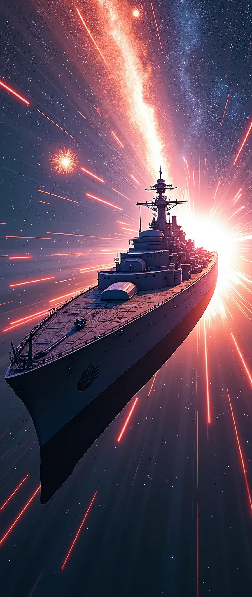 (masterpiece:1.2,Outstanding quality,Mirror finish, Cinematic Experience ),8k,wallpaper,Realistic,(DSLR Canon Style),( battleship type spacecraft warps with beautiful lines of light :2.0),(SF:2.0),( streamlined spaceship reminiscent of the Yamato battleship :2.0),(dynamic),( Beautiful light particles are being emitted from the wave engine at the stern:2.0),(Express super speed of light with beautiful lines of light:2.0),( The background is a wormhole and subspace  :2.0),(motion blur),(Vivid colors:2.0)