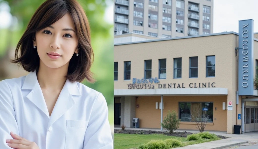 photographic, signboard design, TV CM, dental clinic,front view, (left space , looking at viewer , cowboy shot, 1 beautiful Japanese woman doctor, 30-age, (black hair ,short hair, beautiful brown eye, smile, pearl earring)), (C cup breasts, wide hip), ( White doctor costume) , writing " Fukutsu Dental Clinic" Gothic letter writing, center space front view Dental clinic building, right space telephone number,"911-999" ,consultation hours, "AM.9:00~PM .1800", (super detail, high details, high quality, accurate, anatomically correct, textured skin, beautiful fingers super detail, high details, high quality, best quality)