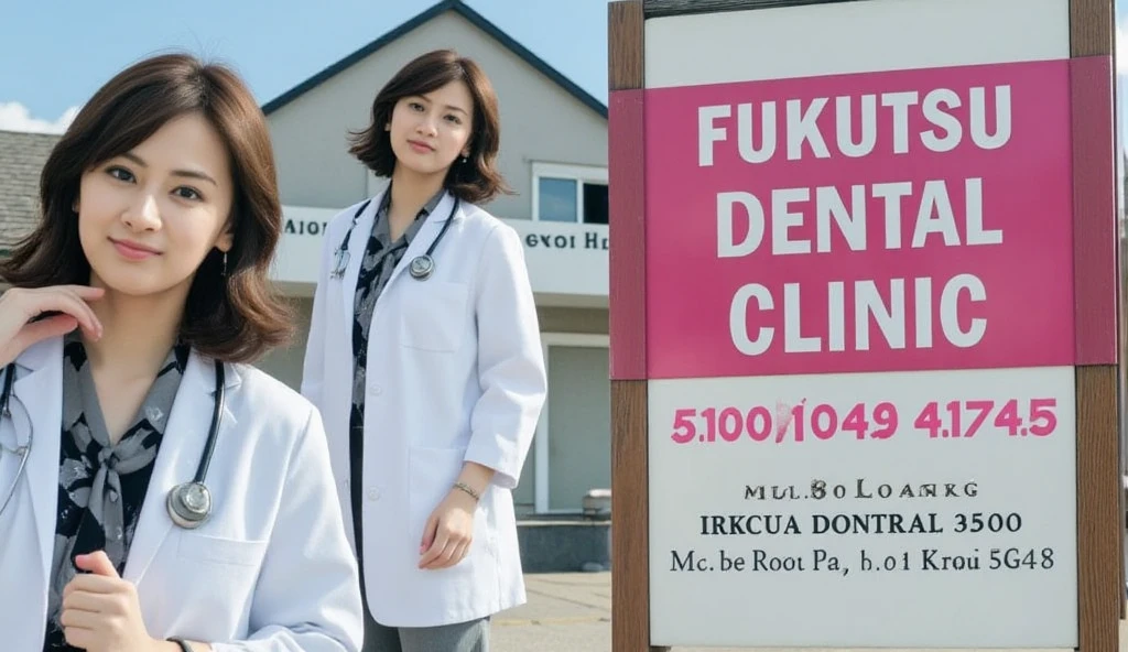 photographic, signboard design, TV CM, dental clinic,front view, (left space , looking at viewer , cowboy shot, 1 beautiful Japanese woman doctor, 30-age, (black hair ,short hair, beautiful brown eye, smile, pearl earring)), (C cup breasts, wide hip), ( White doctor costume) , writing " Fukutsu Dental Clinic" Gothic letter writing, center space front view Dental clinic building, right space telephone number,"911-999" ,consultation hours, "AM.9:00~PM .1800", (super detail, high details, high quality, accurate, anatomically correct, textured skin, beautiful fingers super detail, high details, high quality, best quality)