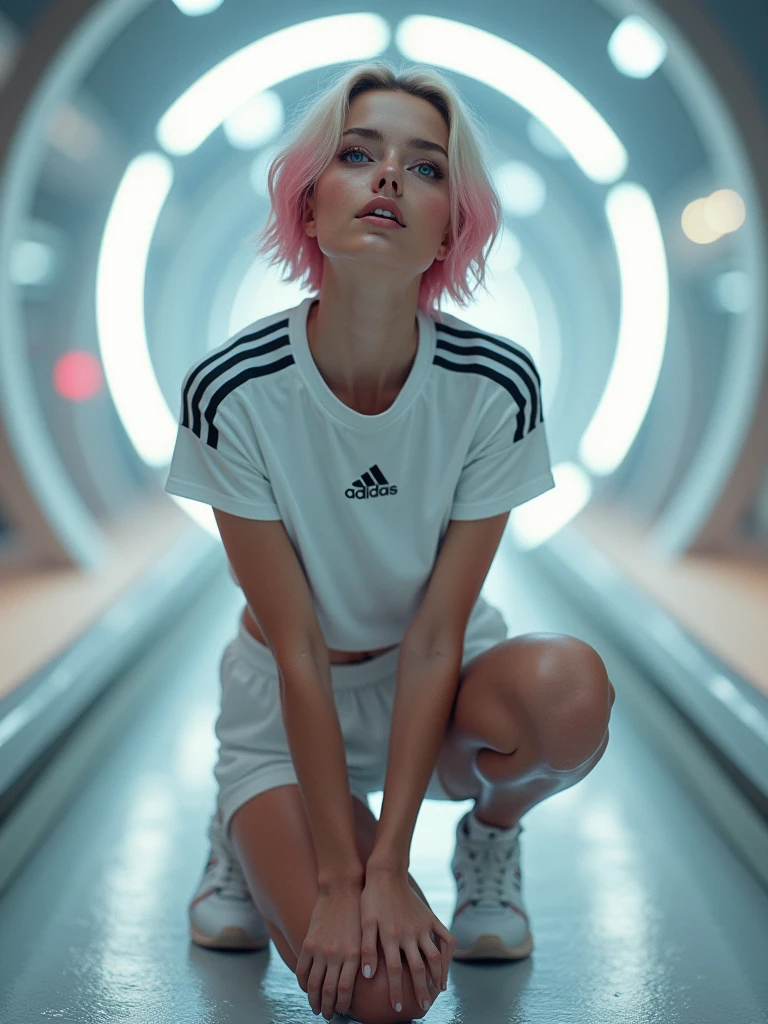 Photoреализм, from below,(  Slavic Russian Caucasian sweet young woman ,  Beautiful thoughtful Russian young face ,  very short hair ,  blonde highlights in pink locks ), minimum makeup ,blurred background,   future tunnel in the background  ,  motion blur ,   chromatic aberration  , knee height , look up,  motion blur , Photo_curly, ,  white short pants , real,  adidas high-tech sneakers ,  kneeling kneeling , One, Horizon, As a model, maximum detail , sports-style girl ,