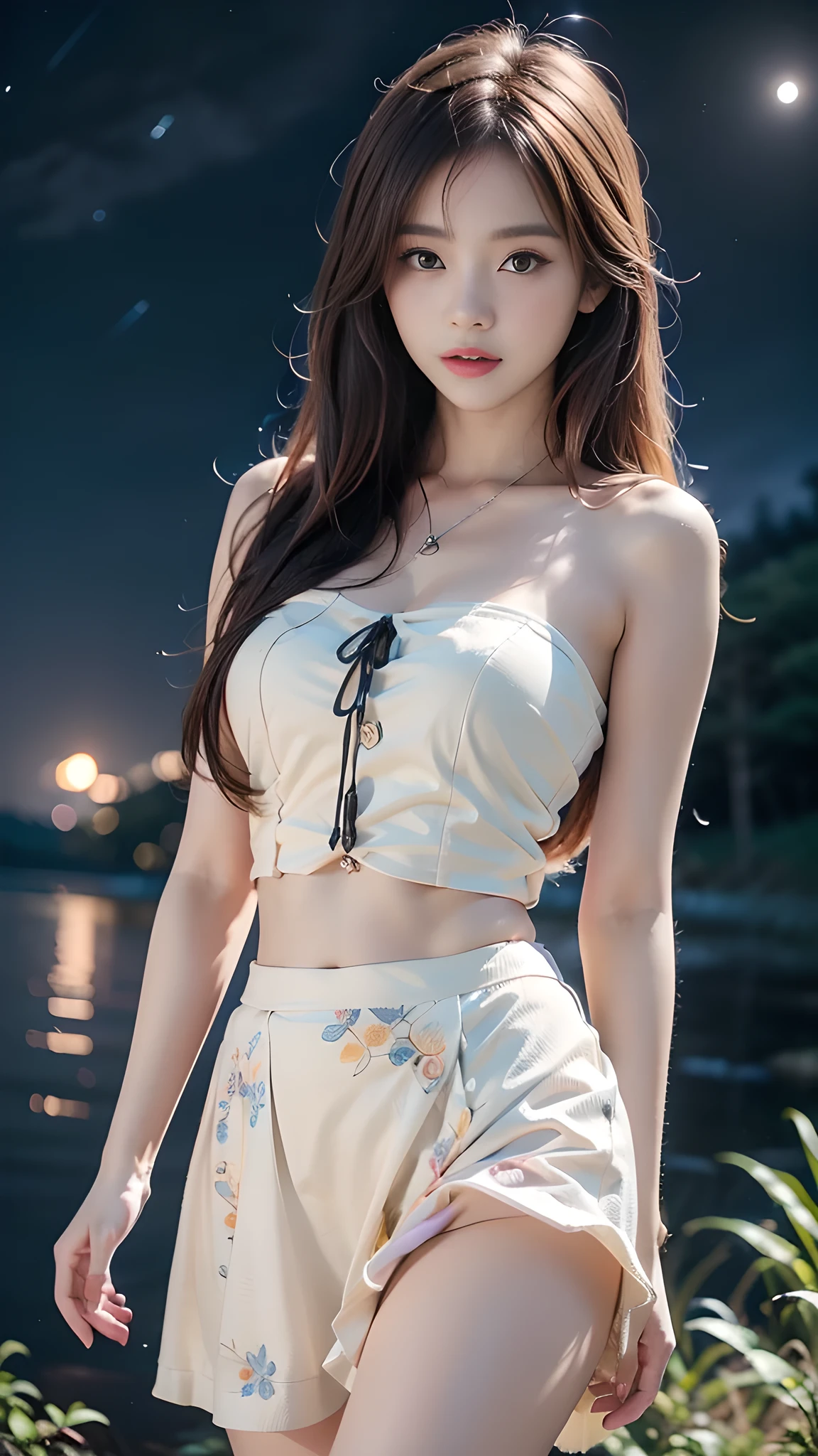 ulzzang-6500-v1.1, (RAW photo: 1.2), (Real photo), (Real photo: 1.4), 1 girl、Perfect anatomy、1、Looking at the camera、Medium length hair、white flared skirt, dancing, beside a vast lake in the middle of a wild forest, ((under the night sky with stars: 1.1))、Asian eyes Ella,