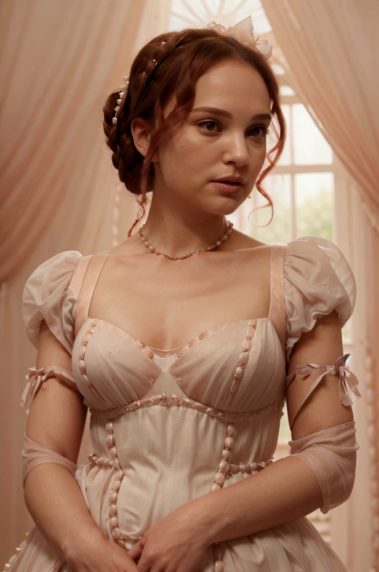  Natalie Portman with her rose colored hair in curls tied partly back with a peach colored ribbon. The gown she wears is a form-fitting ivory sheath with gauzy, elbow-length chiffon sleeves and peach accents woven through a bodice studded with white pearls and black garnets, and a scoop-shaped neckline.