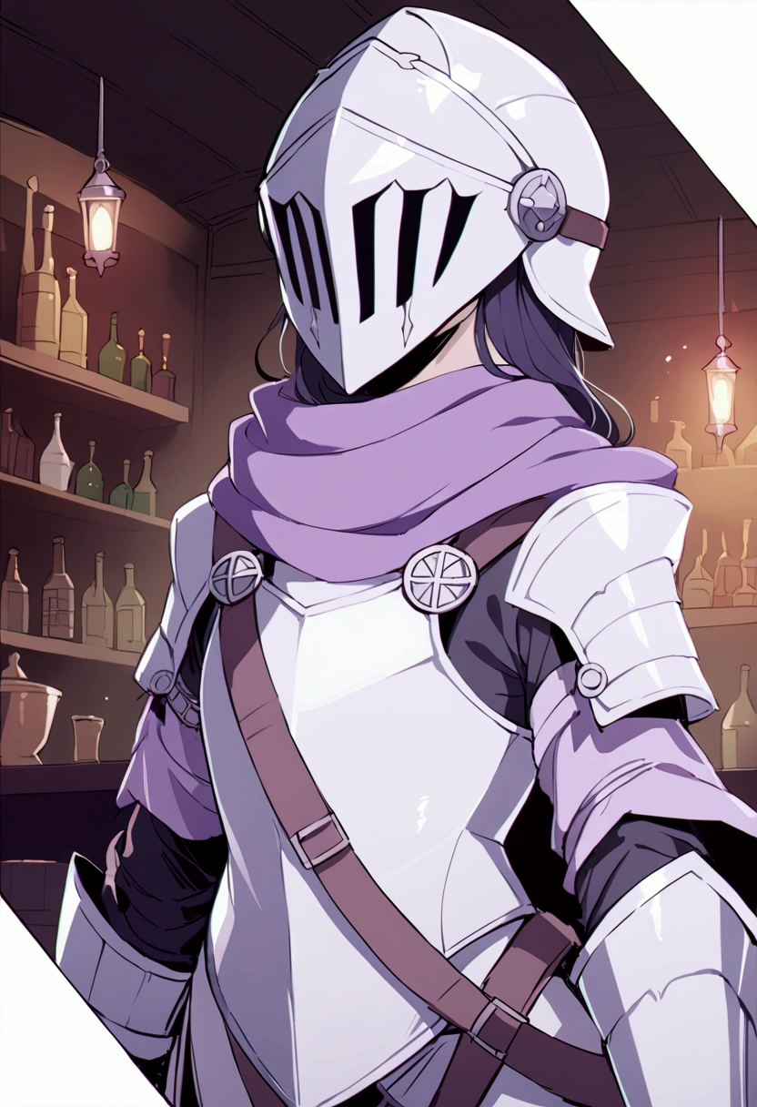 Slim knight boy with silver armor, purple scarf around his neck and medieval knight's helmet in a tavern 