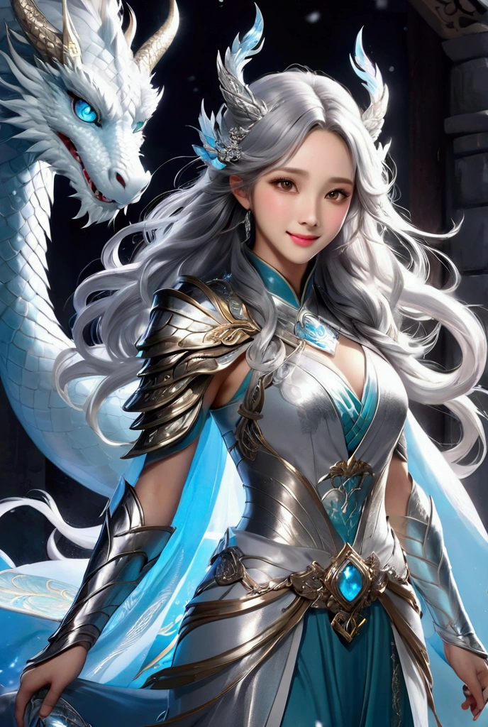 (16k, masterpiece, best quality), ultra-detailed, detailed beautiful round eyes, beautifully detailed face, high quality, high resolution, the dragon queen with her dragons, dragon outfit, ice dragon, goddess, perfect face, perfect body, big breast, ((daytime)), mature women, outdoor, mountain background