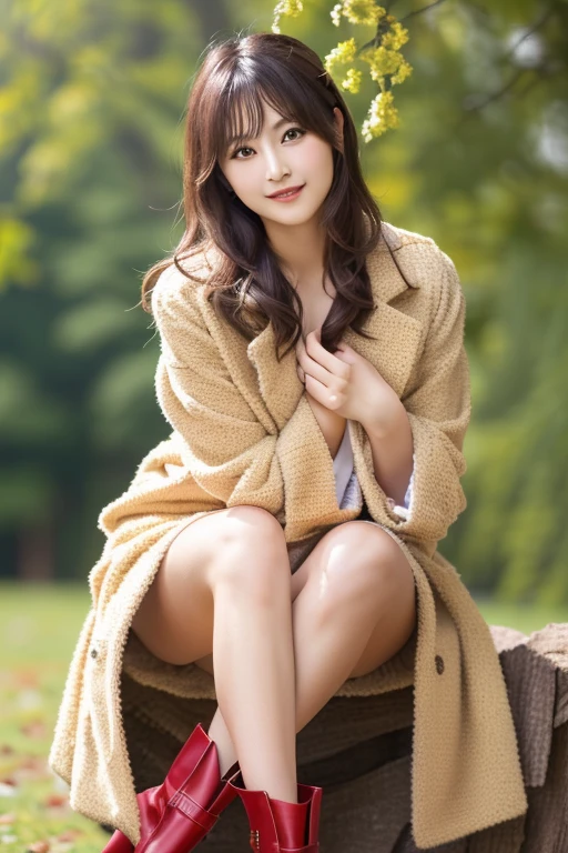 Japanese model wearing a red coat and black boots sitting on a yellow leaf,  Elegant Japanese woman,   wearing a red jacket , Cute Japanese Actress,  looking at the camera 、Detailed and beautiful eyes、Cute smile、A soft and gentle look