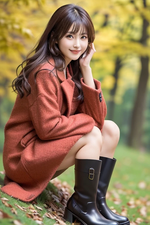 Japanese model wearing a red coat and black boots sitting on a yellow leaf,  Elegant Japanese woman,   wearing a red jacket , Cute Japanese Actress,  looking at the camera 、Detailed and beautiful eyes、Cute smile、A soft and gentle look