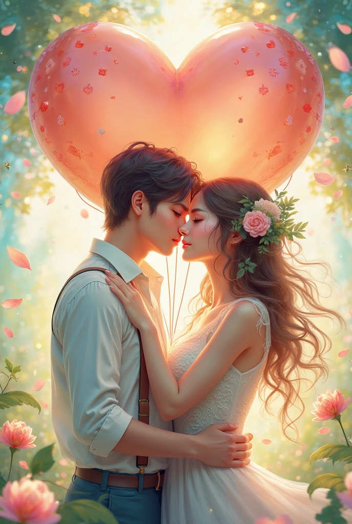 anime couple kissing in front of a heart shaped balloon, kissing together cutely, concept art of love, 4 k manga wallpaper, shoujo romance, ross tran and ilya kuvshinov, lovely kiss, sakimichan and makoto shinkai, sakimichan and frank franzzeta, guweiz and makoto shinkai